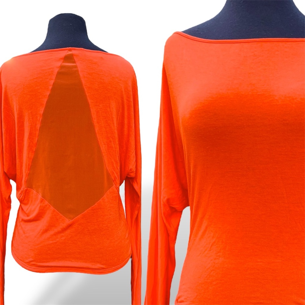 Bebe Vibrant Orange Long Sleeve Sheer Back Blouse | Women’s S